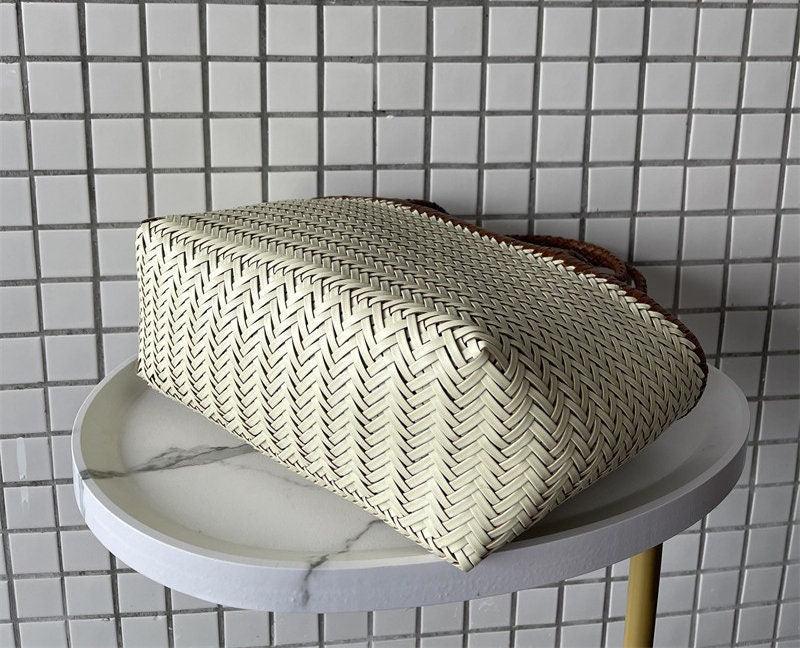 Brown White Handcrafted Cowhide Leather Summer Woven Bag, Woven Triple Jump Bamboo Style HandBag, Woven Beach Bag, Leather Basket Bag