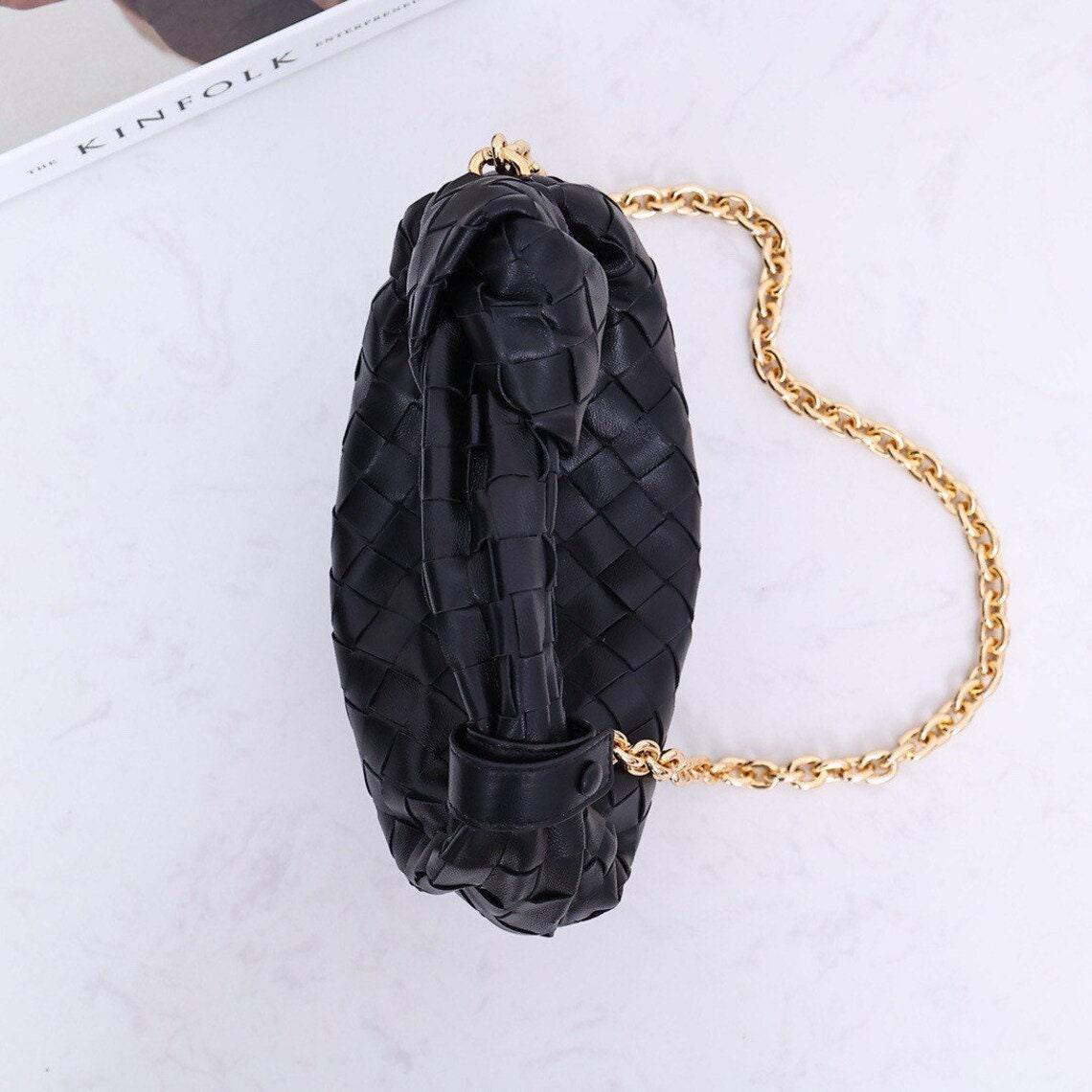 Chain Intrecciato Calfskin Shoulder Bag, Knotted Intrecciato Cowhide Leather Top Handle Bag, Must-have Fashion Lady Bag, Designer Bag Black