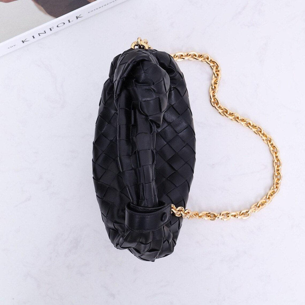 Chain Intrecciato Calfskin Shoulder Bag, Knotted Intrecciato Cowhide Leather Top Handle Bag, Must-have Fashion Lady Bag, Designer Bag Black