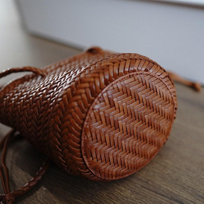 Hand-Woven Cowhide Leather Bucket Bag | Women's Braided Drawstring Basket Purse