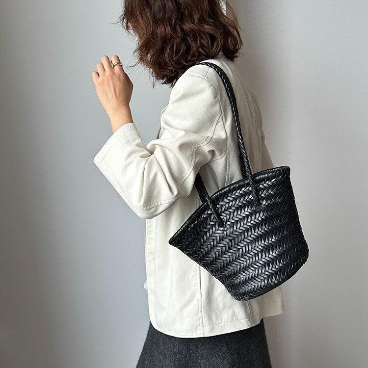 Hand-Woven Cowhide Leather Bucket Bag | Women's Braided Drawstring Basket Purse