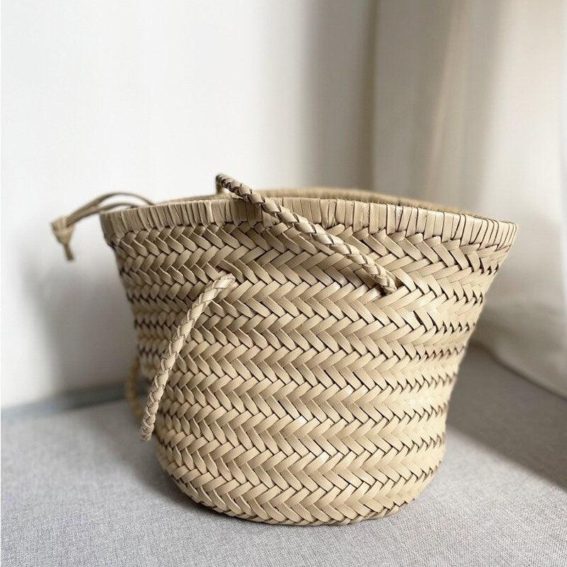 Hand-Woven Cowhide Leather Bucket Bag | Women's Braided Drawstring Basket Purse