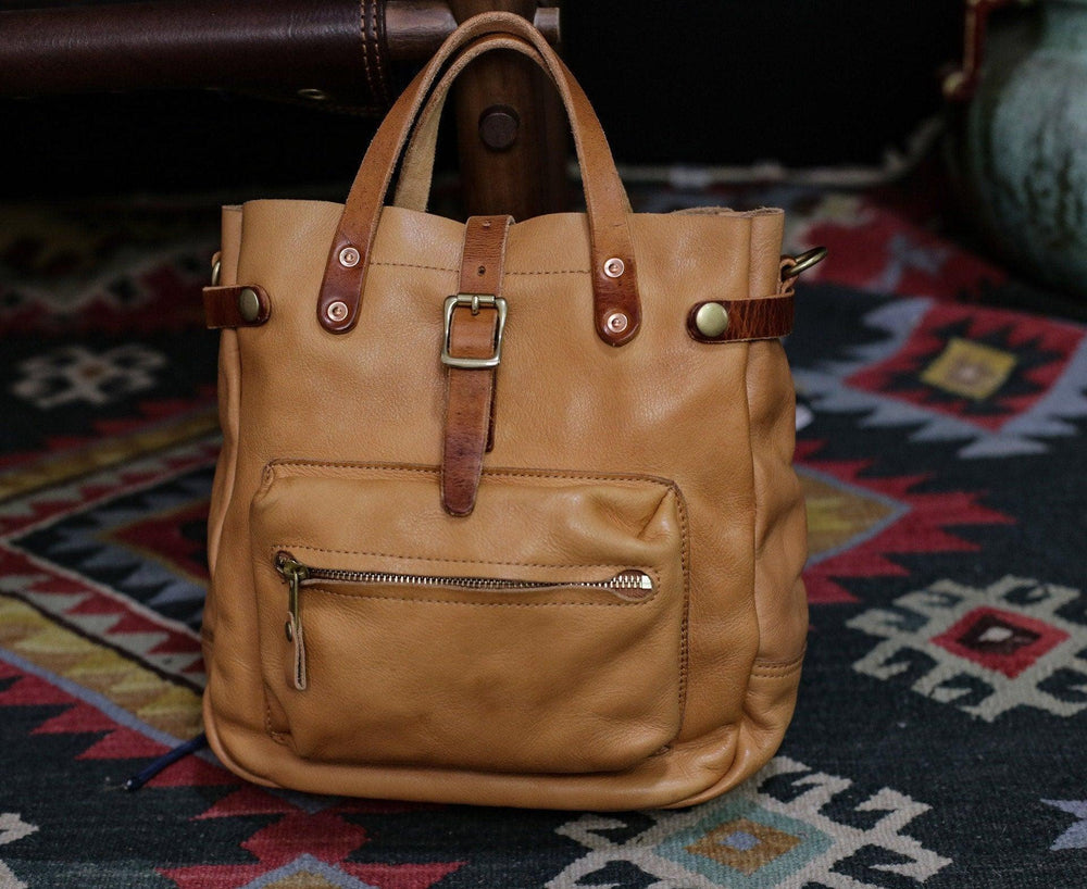 Cowhide Leather Women's Shoulder Bag, Handmade Italian Tanned Grain Leather Crossbody Bag, Men's American Retro Casual Bag, Tan