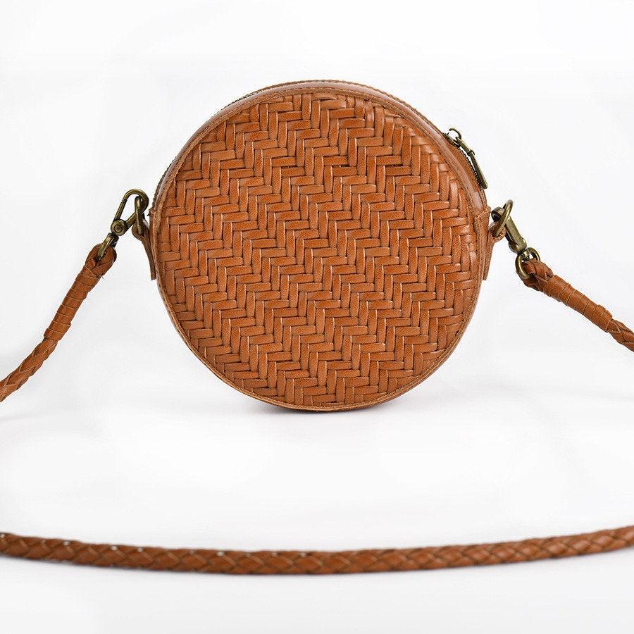 Grain Cowhide Leather Woven Hobo Round Bag, Summer Beach Bag, Triple Jump Bamboo Shoulder Bag, Handcrafted Basket Round Crossbody Bag