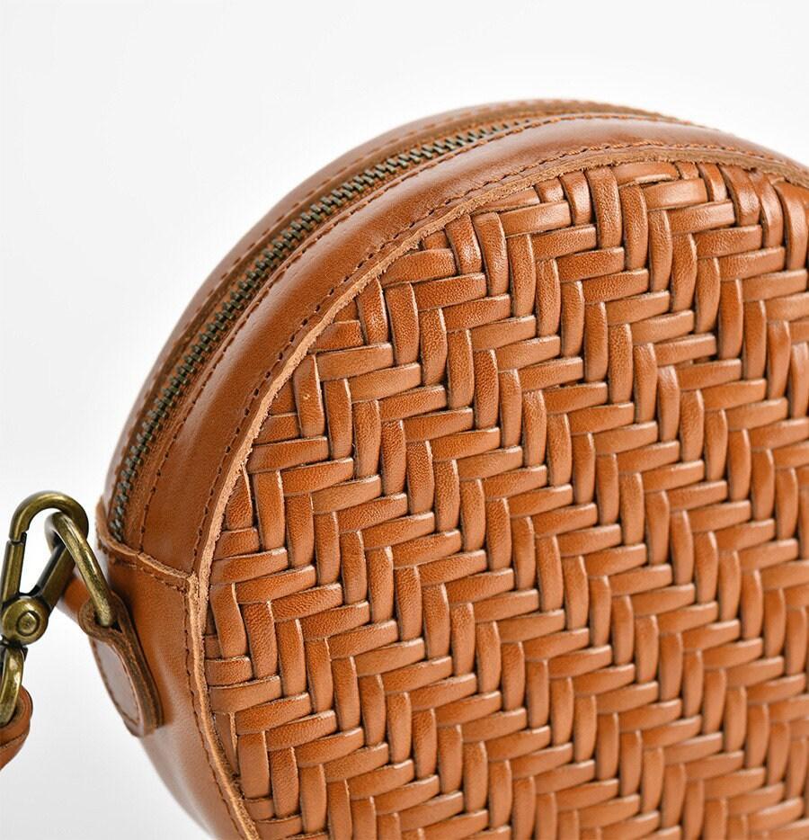 Cowhide Leather Woven Hobo Round Bag, Summer Beach Bag, Triple Jump Bamboo Shoulder Bag, Handcrafted Basket Round Crossbody Bag