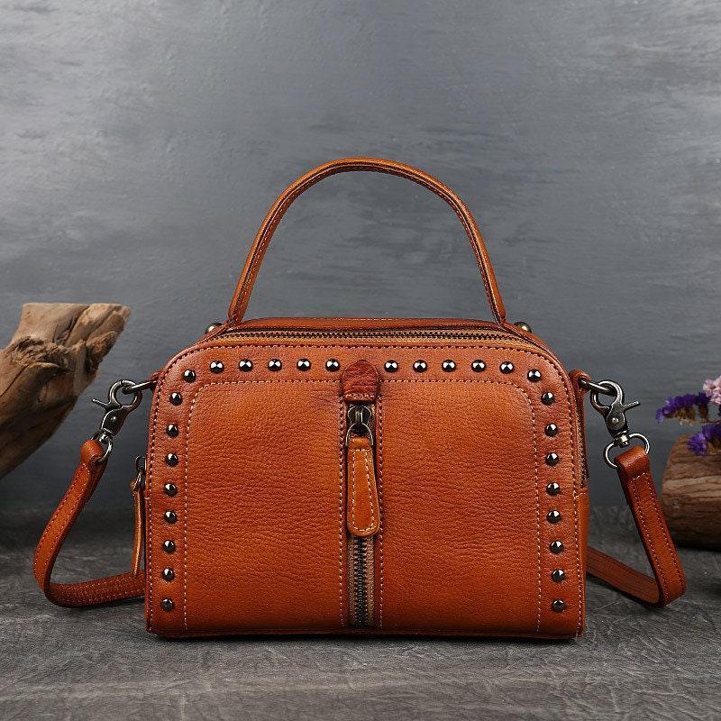 Cute Brown Red Vintage Tanned Leather Top Handle Bag With Golden Rivets, Handcrafted Crossbody Bag, Women Shoulder Bag, Gift for Her