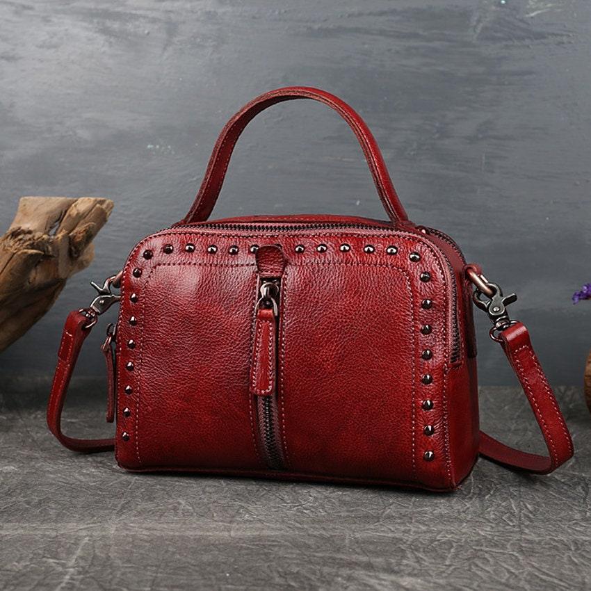 Cute Brown Red Vintage Tanned Leather Top Handle Bag With Golden Rivets, Handcrafted Crossbody Bag, Women Shoulder Bag, Gift for Her