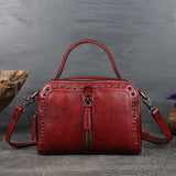 Cute Brown Red Vintage Tanned Leather Top Handle Bag With Golden Rivets, Handcrafted Crossbody Bag, Women Shoulder Bag, Gift for Her