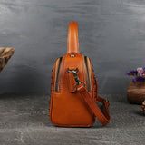 Cute Brown Red Vintage Tanned Leather Top Handle Bag With Golden Rivets, Handcrafted Crossbody Bag, Women Shoulder Bag, Gift for Her