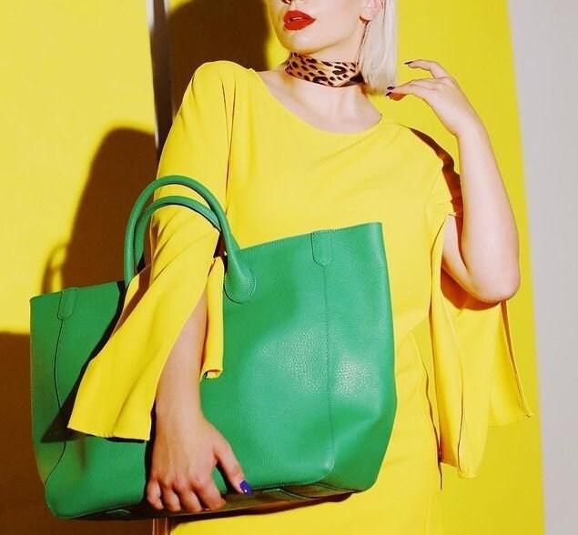 Envy Green Large Leather Tote Bag, Cowhide Leather Bag, Lady Fashion Bag, Leather Weekend Bag, Women Carry Out Bag, Designer Bag, Gift