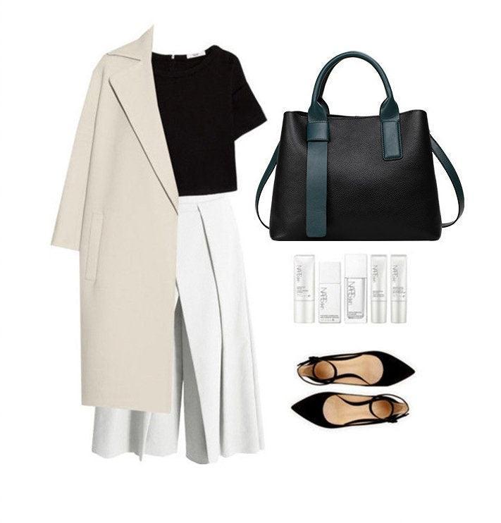 Fashion Leather Tote, Leather Shoulder Bag, Soft Leather Handbag, Birthday Gift for Her, Black and Green