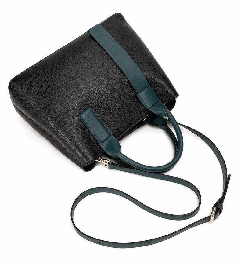 Fashion Leather Tote, Leather Shoulder Bag, Soft Leather Handbag, Birthday Gift for Her, Black and Green