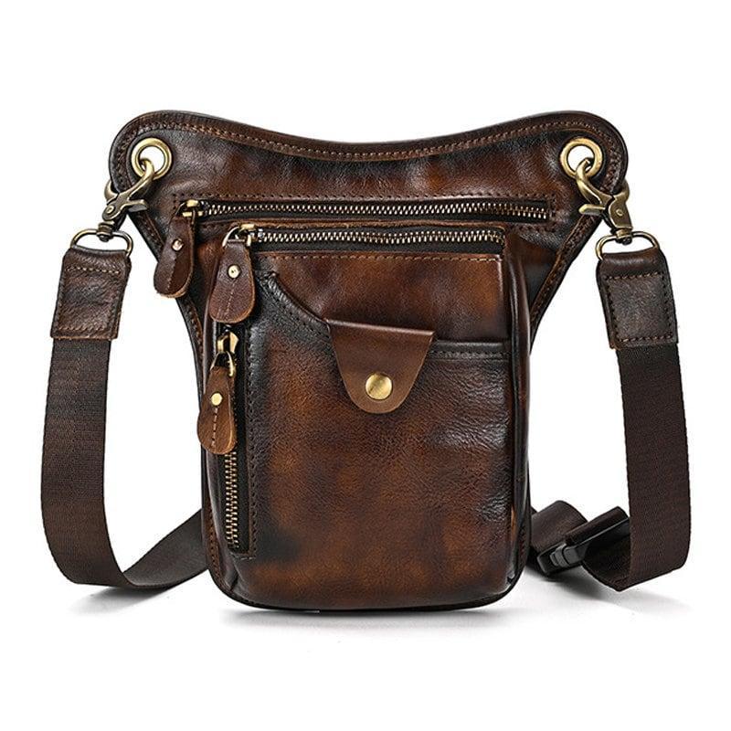 Full Grain Leather Leg Bag, Foraging Pouch, Leather Motorcycle Waist Bag, Male Knight Bull Head Bag, Crazy Horse Leather Bag for Men Women, Coffee