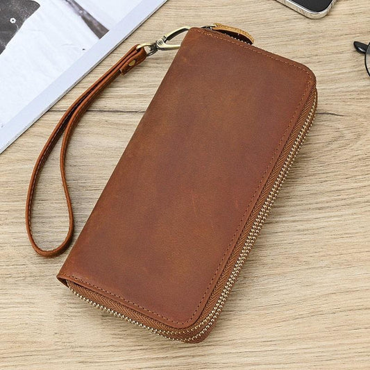 Full Grain Leather Long Wallet, Mens Zipper Wallet, Women Bifold Wallet, Heavy Duty Double-Layer Cowhide Tall Wallet, Fathers Gift for Him
