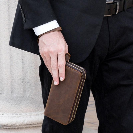 Full Grain Leather Long Wallet, Mens Zipper Wallet, Women Bifold Wallet, Heavy Duty Double-Layer Cowhide Tall Wallet, Fathers Gift for Him