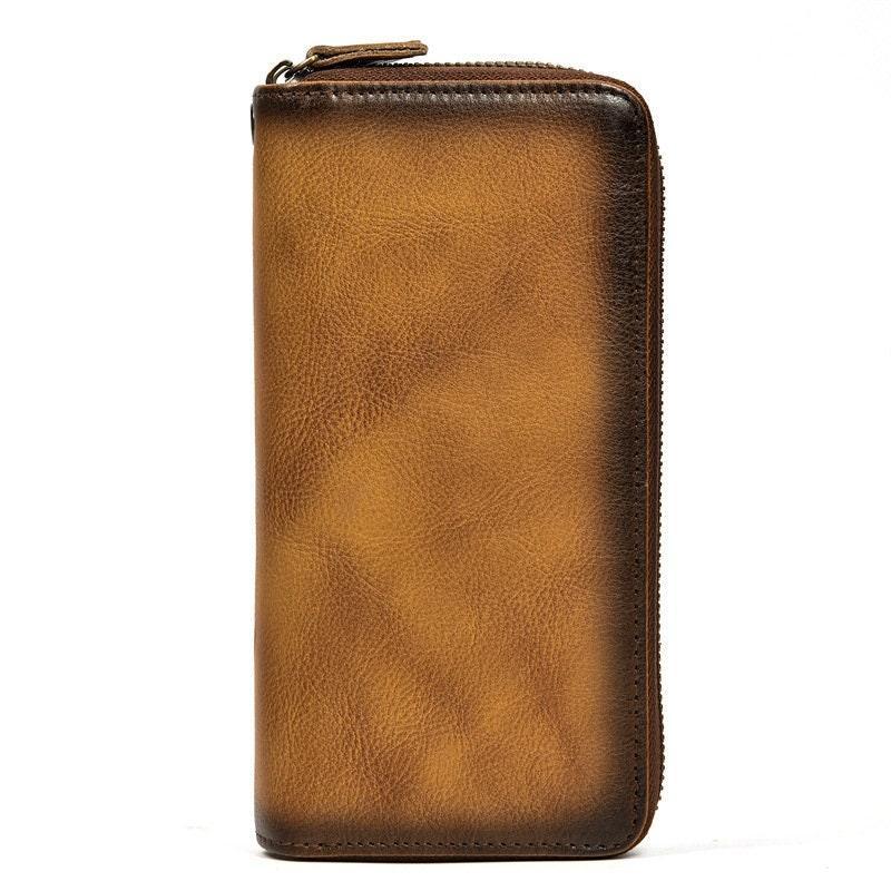 Full Grain Leather Long Wallet, Mens Zipper Wallet, Women Bifold Wallet, Heavy Duty Double-Layer Cowhide Tall Wallet, Fathers Gift for Him