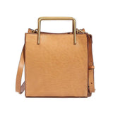Tan genuine cowhide leather shoulder bag with gold metal handle and crossbody strap