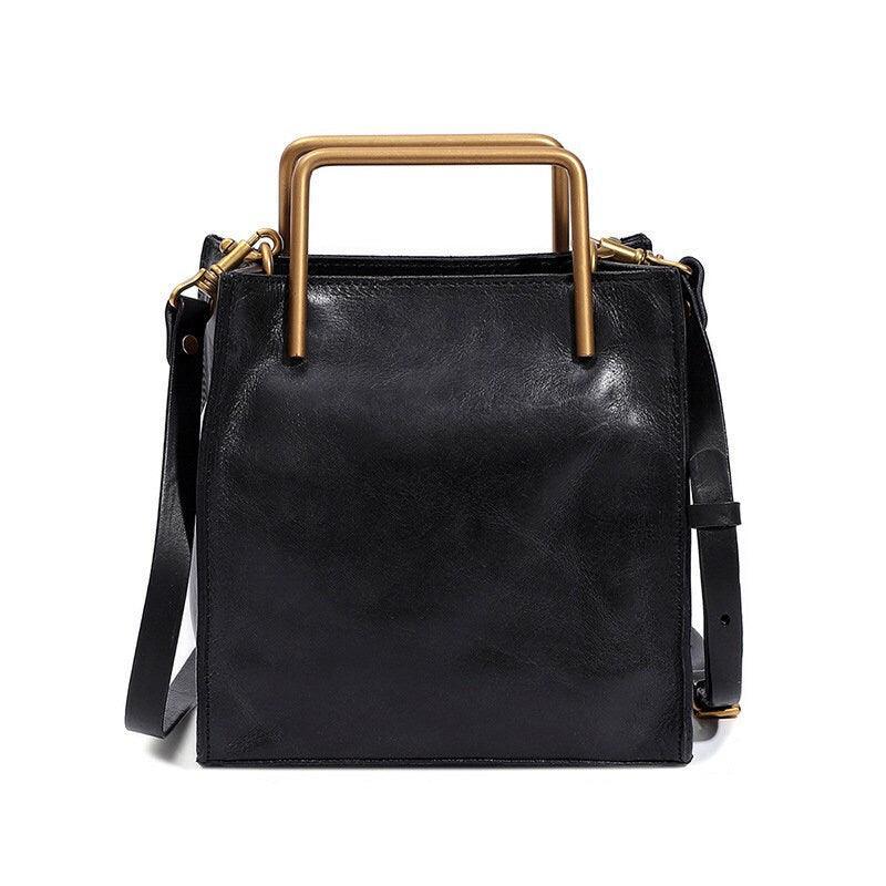 Black genuine cowhide leather shoulder bag with square gold metal handles and adjustable strap