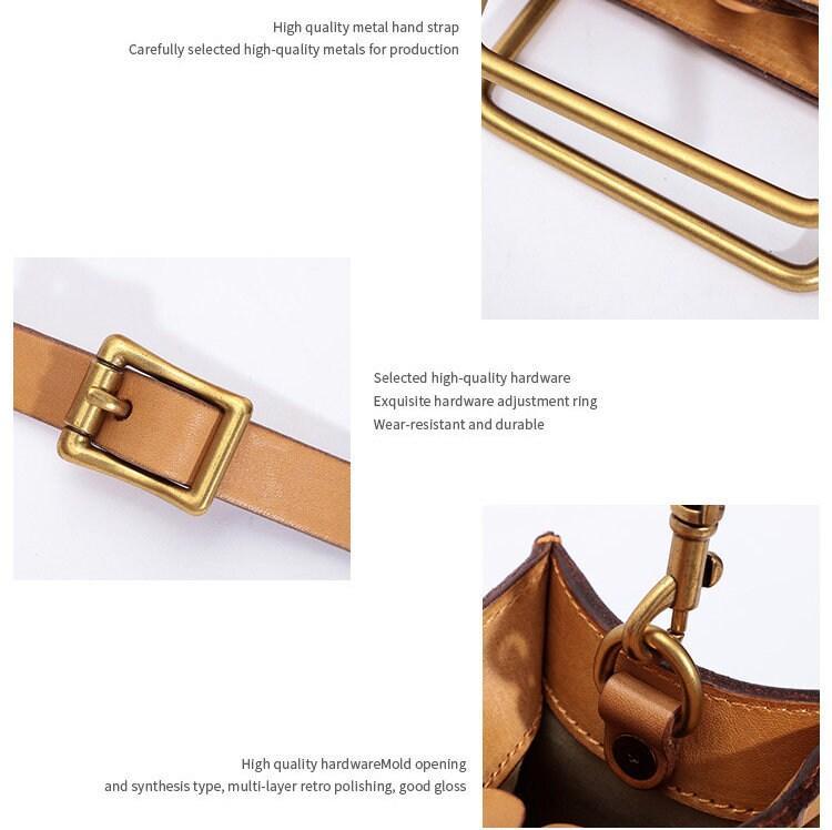 Close-up of tan cowhide leather shoulder bag with gold-tone hardware and adjustable strap
