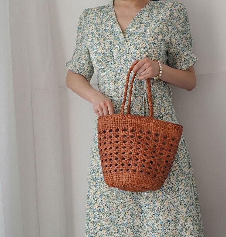 Genuine Leather Hand Woven Cuboid Shaped Ladies TOTE Bag, Open Rattan Woven Triple Jump Bamboo Ladies Hobo Holiday Bag, Weekend Basket Bag