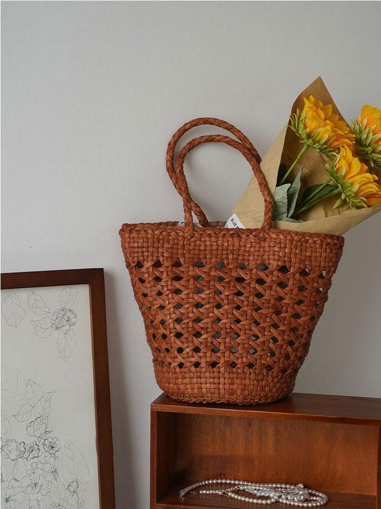 Genuine Leather Hand Woven Cuboid Shaped Ladies TOTE Bag, Open Rattan Woven Triple Jump Bamboo Ladies Hobo Holiday Bag, Weekend Basket Bag