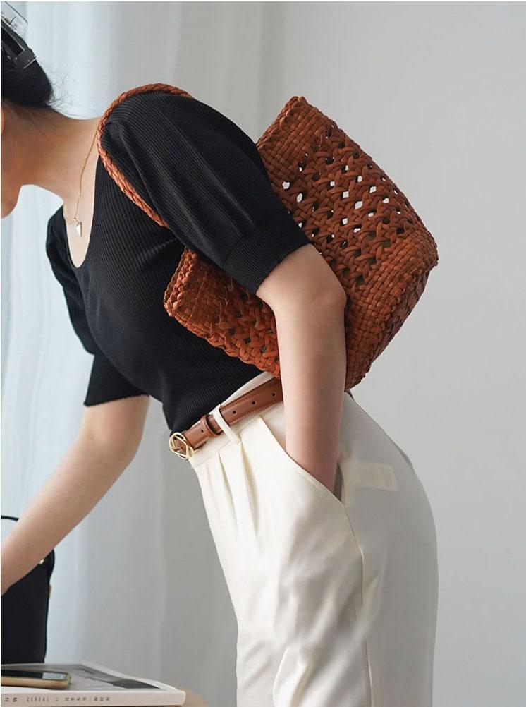 Genuine Leather Hand Woven Cuboid Shaped Ladies TOTE Bag, Open Rattan Woven Triple Jump Bamboo Ladies Hobo Holiday Bag, Weekend Basket Bag