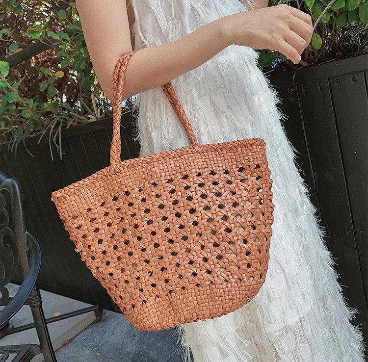 Genuine Leather Hand Woven Cuboid Shaped Ladies TOTE Bag, Open Rattan Woven Triple Jump Bamboo Ladies Hobo Holiday Bag, Weekend Basket Bag