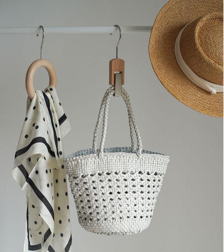 Genuine Leather Hand Woven Cuboid Shaped Ladies TOTE Bag, Open Rattan Woven Triple Jump Bamboo Ladies Hobo Holiday Bag, Weekend Basket Bag