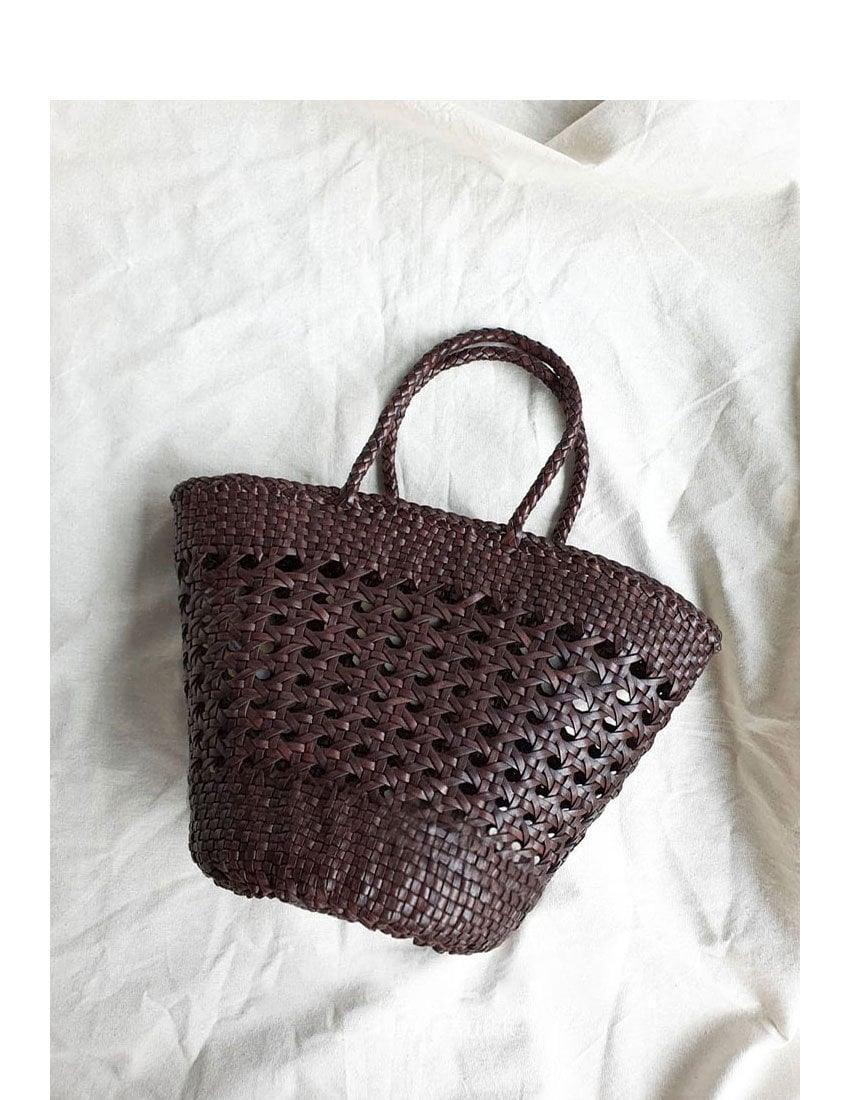 Genuine Leather Hand Woven Cuboid Shaped Ladies TOTE Bag, Open Rattan Woven Triple Jump Bamboo Ladies Hobo Holiday Bag, Weekend Basket Bag
