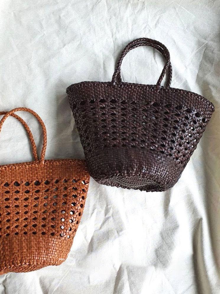 Genuine Leather Hand Woven Cuboid Shaped Ladies TOTE Bag, Open Rattan Woven Triple Jump Bamboo Ladies Hobo Holiday Bag, Weekend Basket Bag