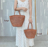 Genuine Leather Hand Woven Cuboid Shaped Ladies TOTE Bag, Open Rattan Woven Triple Jump Bamboo Ladies Hobo Holiday Bag, Weekend Basket Bag