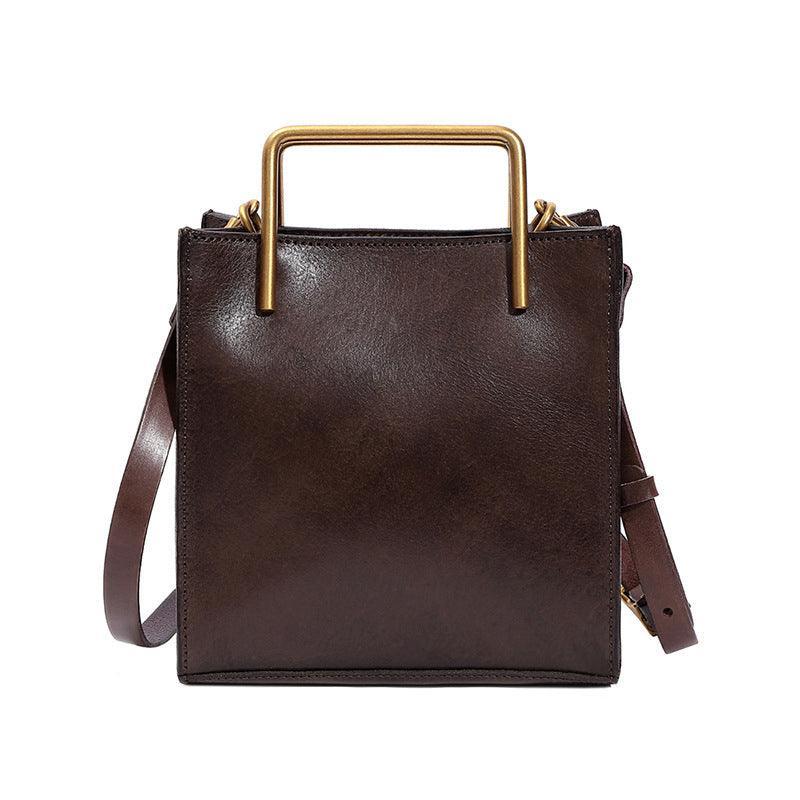 Genuine Italian leather shoulder bag, dark brown, square shape, gold metal handle, crossbody strap