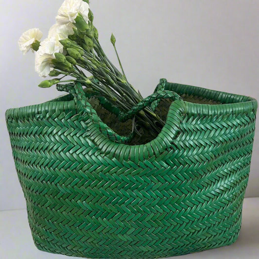 Green Handcrafted Woven Leather Tote Bag, Full Grain Leather Hand Woven Triple Jump Bamboo Ladies HoBo Bag, Curve Opening Summer Holiday Bag