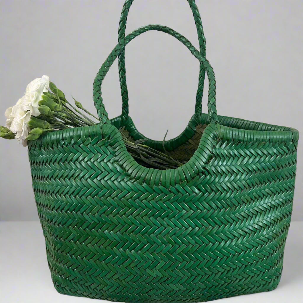 Green Handcrafted Woven Leather Tote Bag, Full Grain Leather Hand Woven Triple Jump Bamboo Ladies HoBo Bag, Curve Opening Summer Holiday Bag
