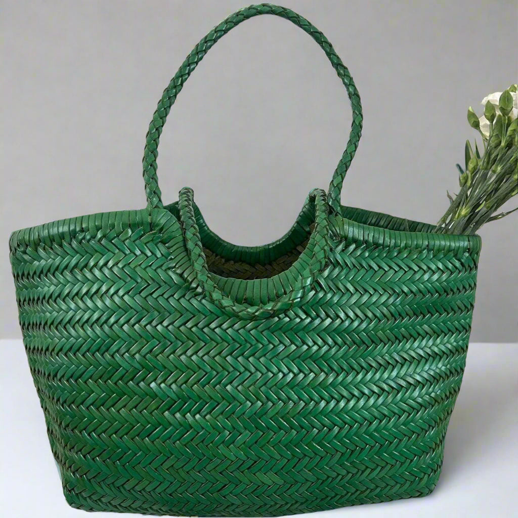 Green Handcrafted Woven Leather Tote Bag, Full Grain Leather Hand Woven Triple Jump Bamboo Ladies HoBo Bag, Curve Opening Summer Holiday Bag