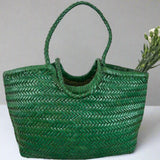 Green Handcrafted Woven Leather Tote Bag, Full Grain Leather Hand Woven Triple Jump Bamboo Ladies HoBo Bag, Curve Opening Summer Holiday Bag