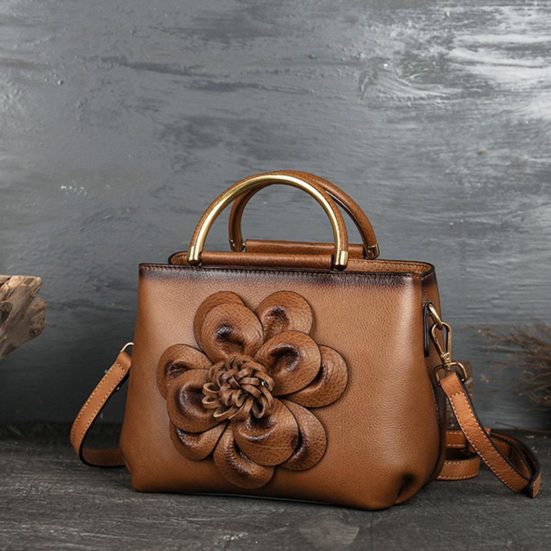 Hand-Carved Leather Handbag, Leather Carving Shoulder Bag Anniversary Gift With Women Flowers Bag for Her Christmas Gift Bridesmaid Gift