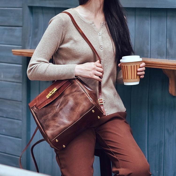 Handcrafted Brown Shoulder 3 in 1, Convertible Backpack, Full Grain Leather Shoulder Bag, Crossbody With Long Strap, Women Backpack Bag