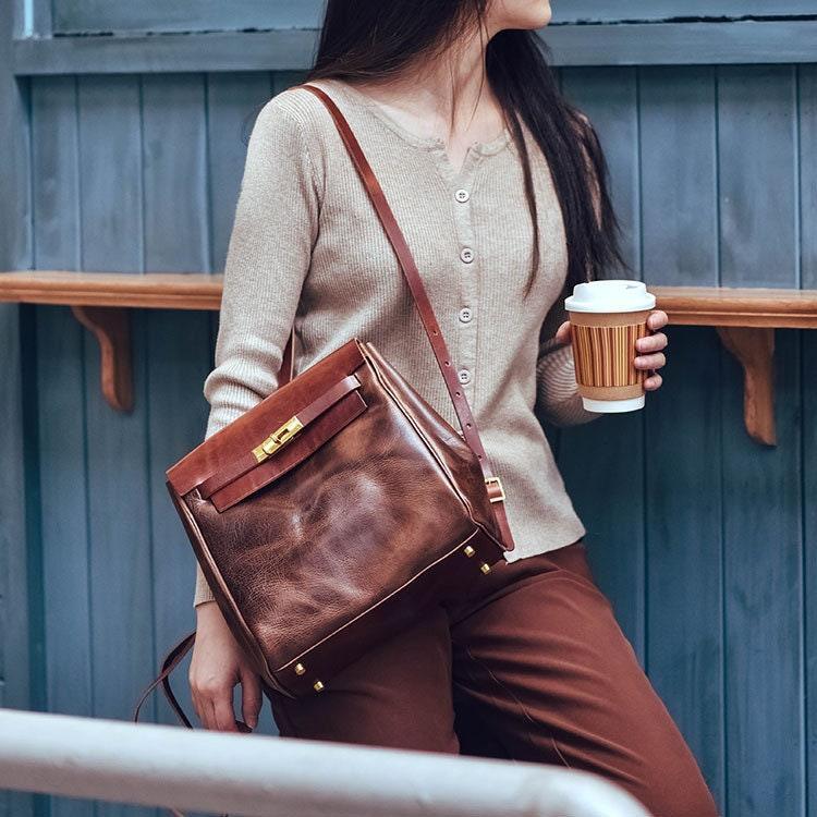 Handcrafted Brown Shoulder 3 in 1, Convertible Backpack, Full Grain Leather Shoulder Bag, Crossbody With Long Strap, Women Backpack Bag