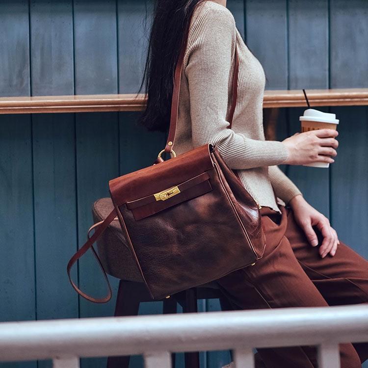 Handcrafted Brown Shoulder 3 in 1, Convertible Backpack, Full Grain Leather Shoulder Bag, Crossbody With Long Strap, Women Backpack Bag