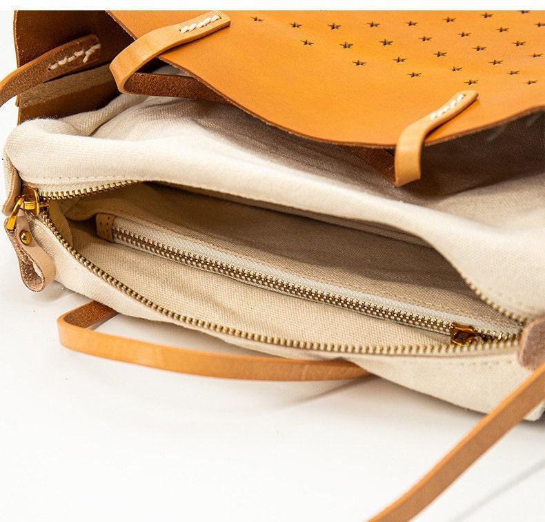 Handcrafted Cowhide Leather Minimalism Tote Bag, Leather Everyday Bag, Hollow Out Star Pattern Bag, Birthday gift for Her