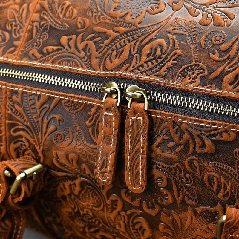Handcrafted Embossed Cowhide Leather Duffle Bag, Large Vacation Travel Bag, Travel Holdall, Lightweight Cabin Luggage, Leather Gym Bag