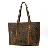 Handcrafted Embossed Leather Tote Bag, Women Flower Tote Bags, Leather Large Shopping Bag, Leather Laptop Bag, Christmas Gift For Her