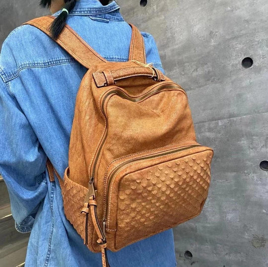 Handcrafted Full-grain Leather Backpack, Heavy-duty Stud Hiking, Women & Men Purse, Unisex, Vintage Laptop Backpack, 15-inches Laptop Bag, Tan Brown