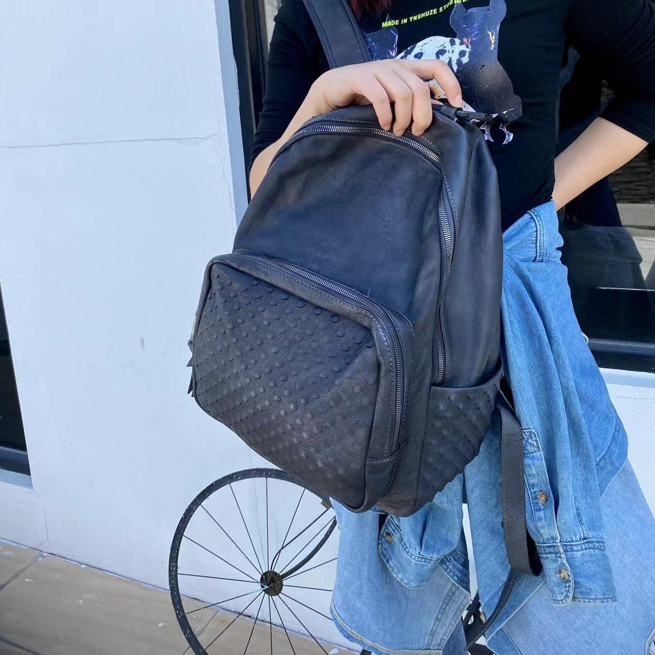 Handcrafted Full-grain Leather Backpack, Heavy-duty Stud Hiking, Women & Men Purse, Unisex, Vintage Laptop Backpack, 15-inches Laptop Bag, grey