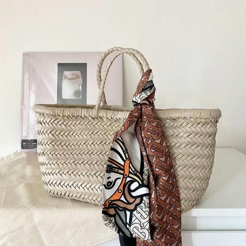 Handcrafted Grain Leather Summer Woven Bag, Woven Triple Jump Bamboo Style HandBag, Beach Bag, Basket Bag, Forest Green, Blue, White