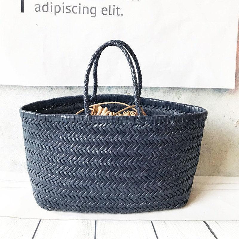 Handcrafted Grain Leather Summer Woven Bag, Woven Triple Jump Bamboo Style HandBag, Beach Bag, Basket Bag, Forest Green, Blue, White