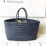 Handcrafted Grain Leather Summer Woven Bag, Woven Triple Jump Bamboo Style HandBag, Beach Bag, Basket Bag, Forest Green, Blue, White