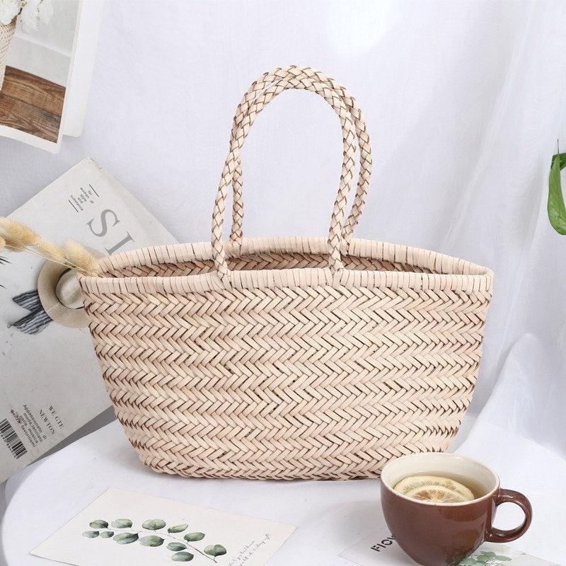 Handcrafted Grain Leather Summer Woven Bag, Woven Triple Jump Bamboo Style HandBag, Beach Bag, Basket Bag, Forest Green, Blue, White