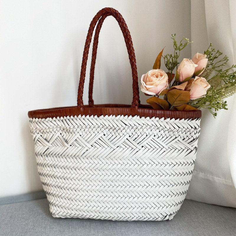 Handcrafted Grain Leather Summer Woven Bag, Woven Triple Jump Bamboo Style HandBag, Beach Bag, Basket Bag, Forest Green, Blue, White